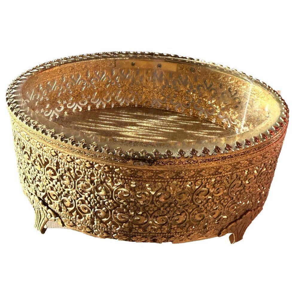 Vtg Gold Gilt Filigree Glass Dresser Box Vanity Jewelry Casket - Picture 1 of 10
